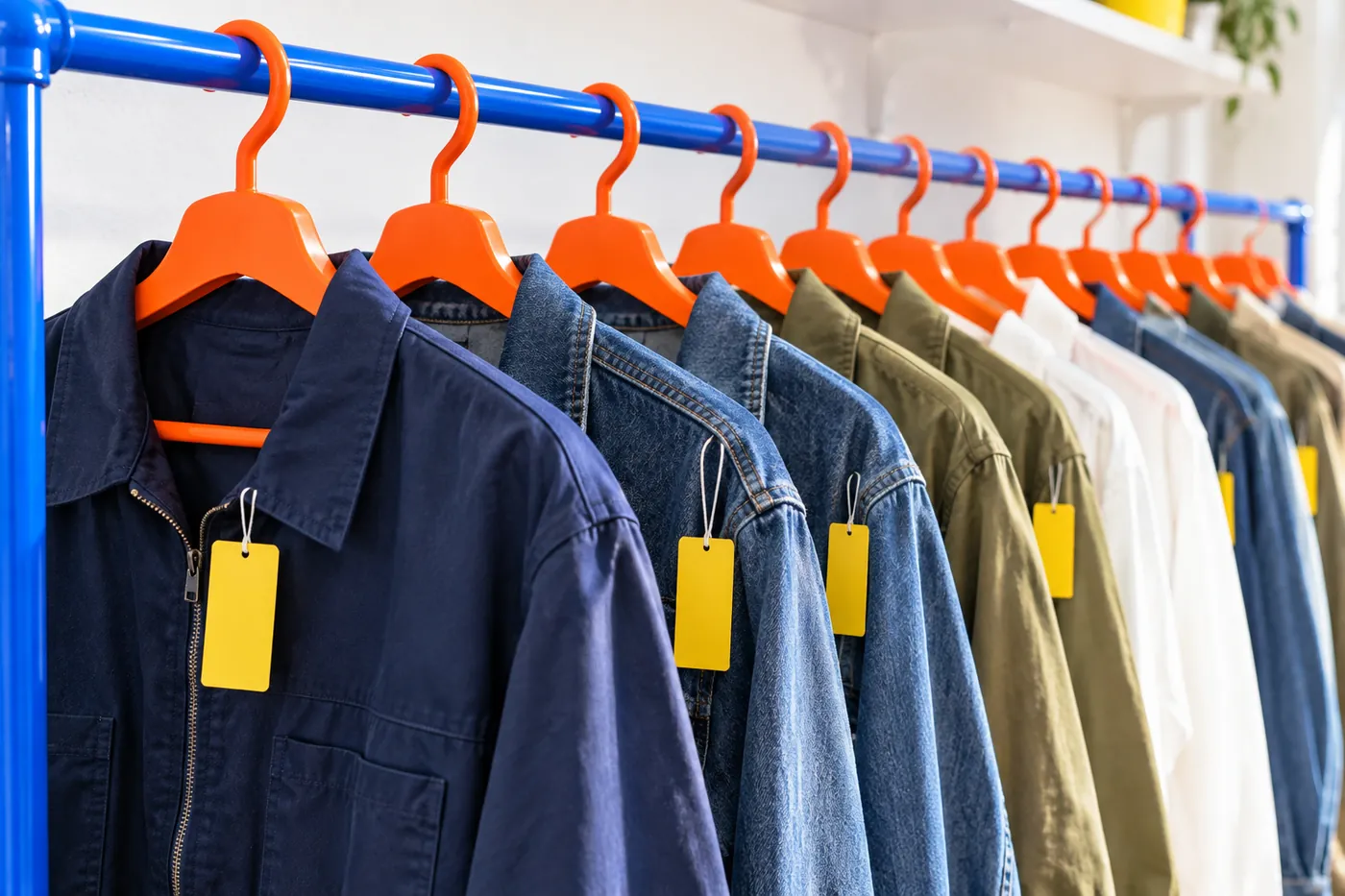 オレンジのハンガーに掛かった服と黄色い値札
