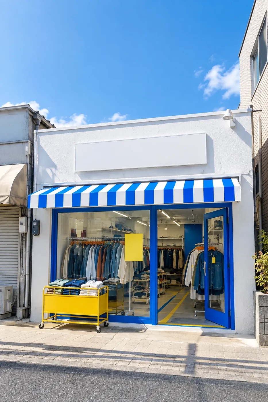 HANGERの外観。青と白のストライプのオーニングと黄色いワゴン