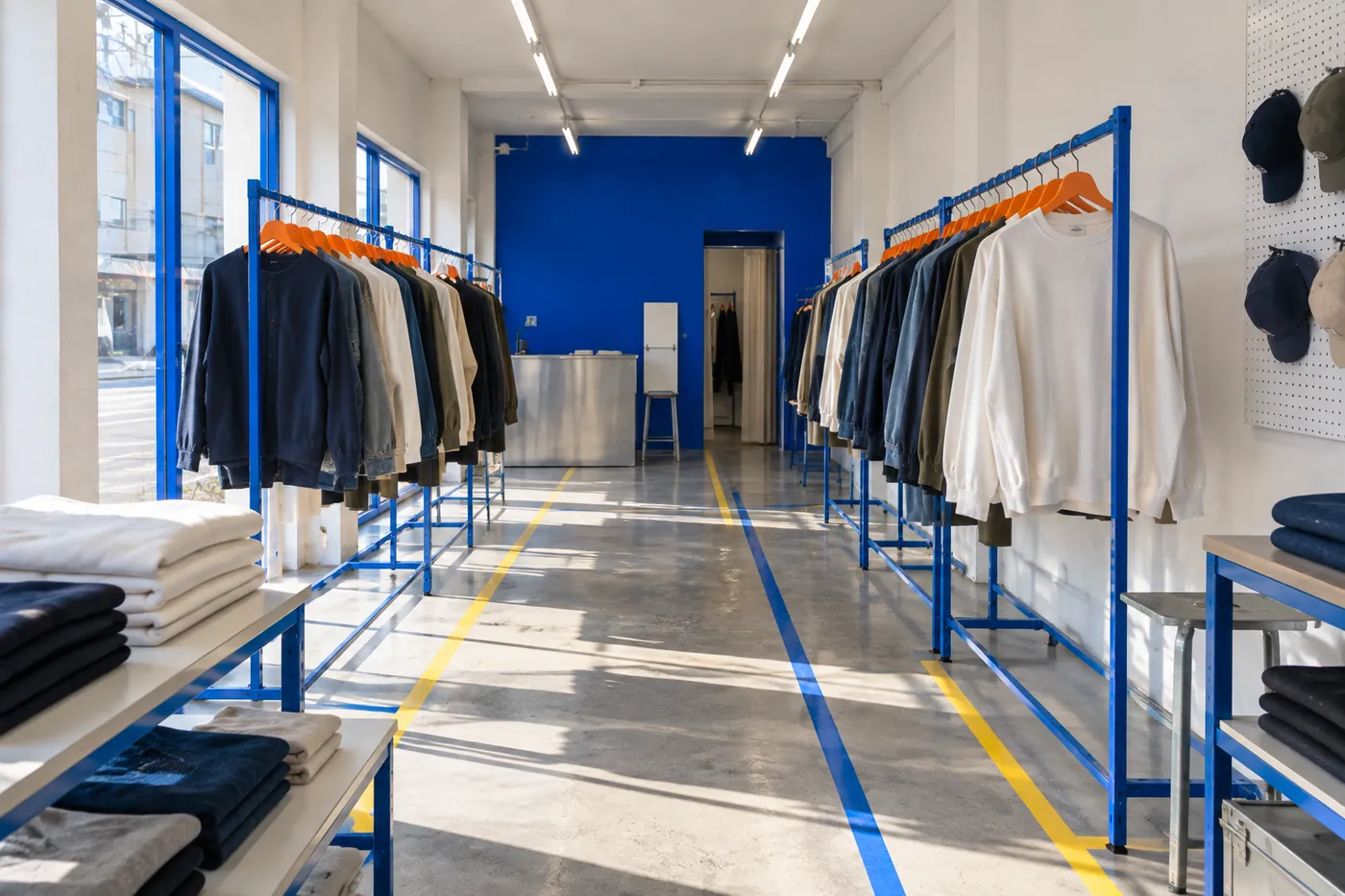 HANGERの店内。青いラックとオレンジのハンガー