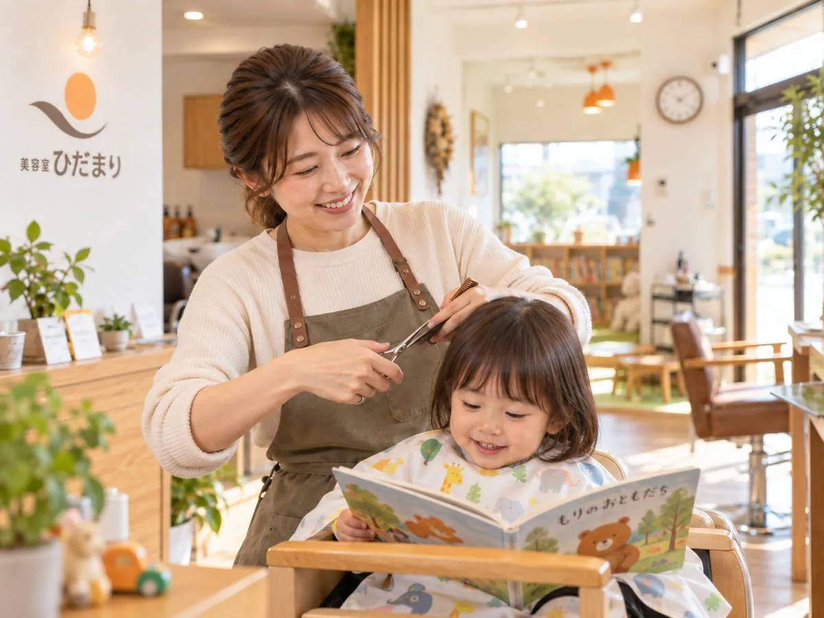 絵本を読みながらキッズカットを受ける子ども