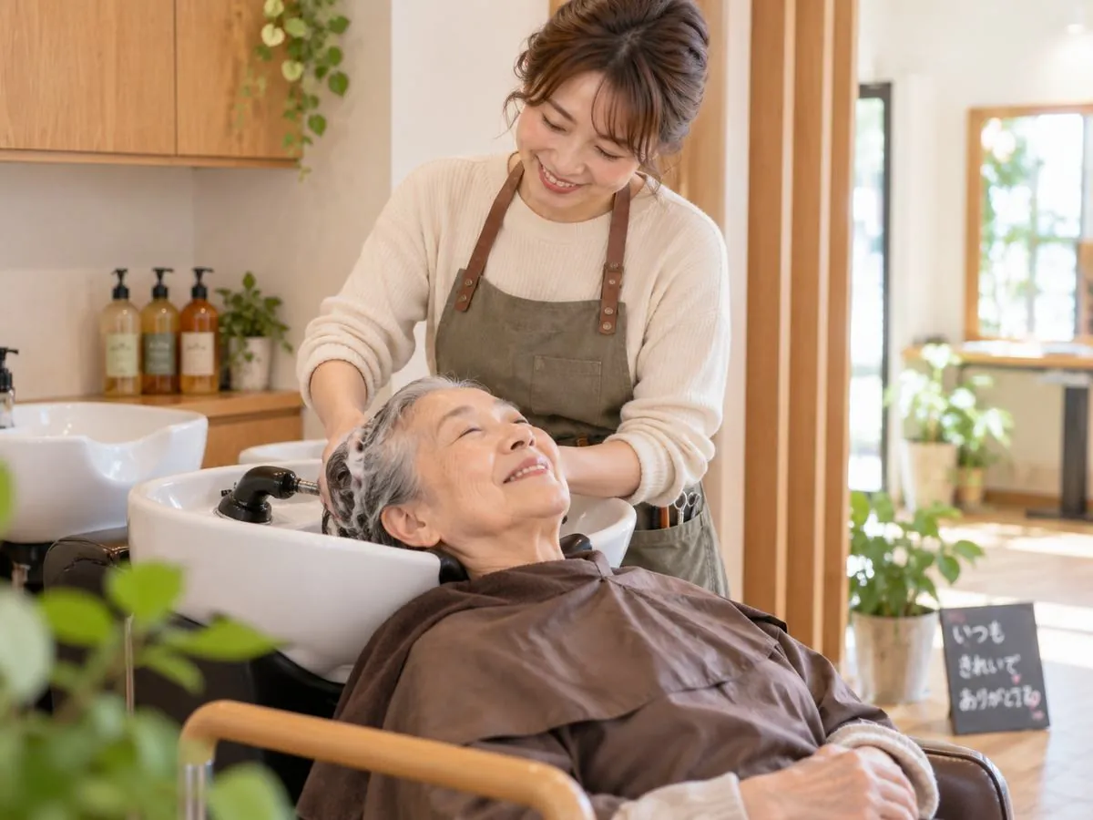 手すり付きのシャンプー台でくつろぐお客様