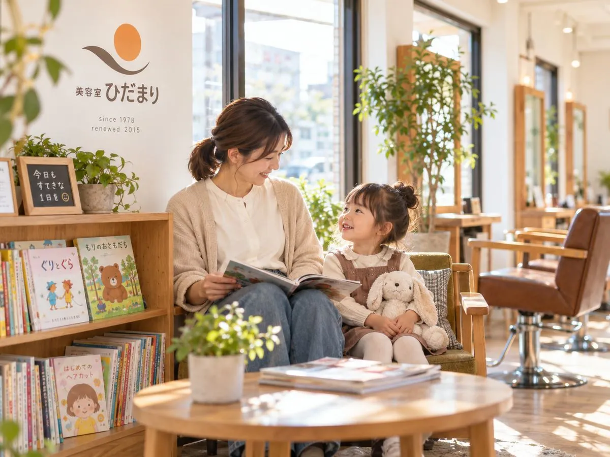 絵本を読みながら順番を待つ親子