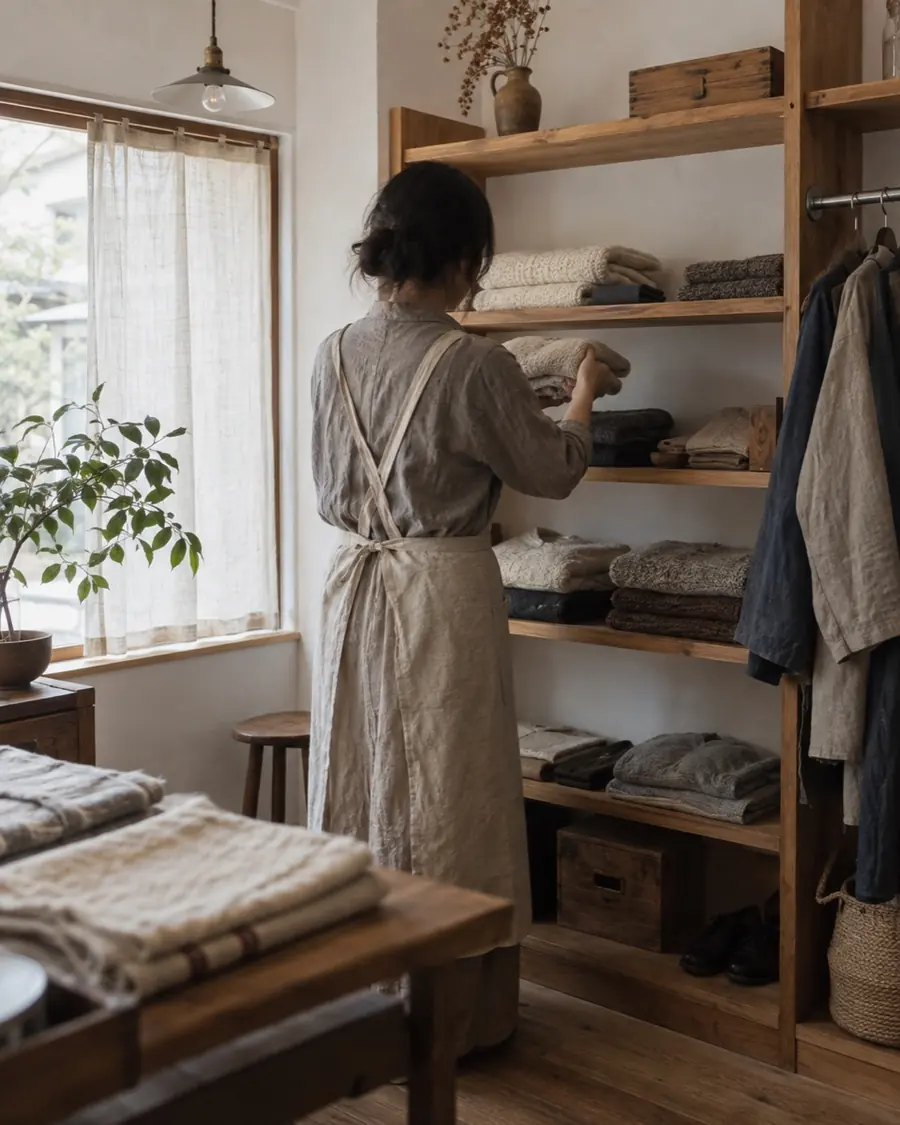 棚にニットを並べる店主の後ろ姿
