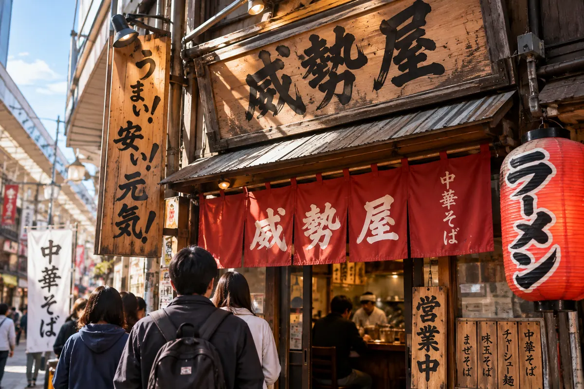 威勢屋の外観。商店街の角、赤い暖簾と看板、店先に並ぶ人たち