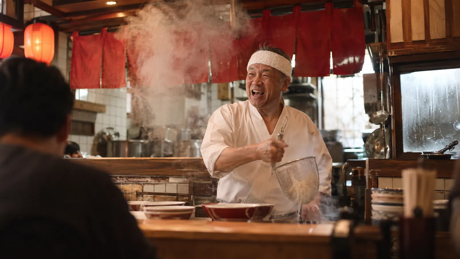湯切りをしながら笑う店主。湯気の向こうに赤い暖簾