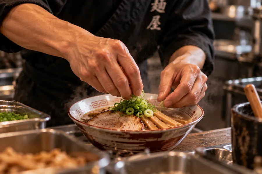 丼に刻みネギをのせる店主の手元