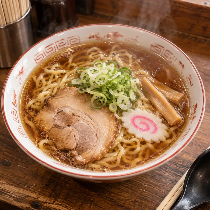 中華そば。醤油スープに中太ちぢれ麺、チャーシューとなると