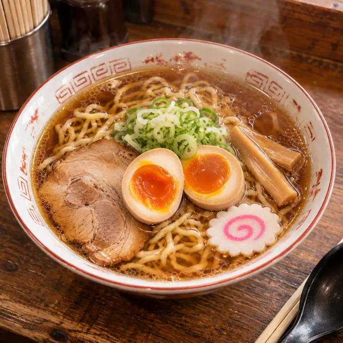 味玉中華そば。半熟味玉を割って盛り付けた一杯