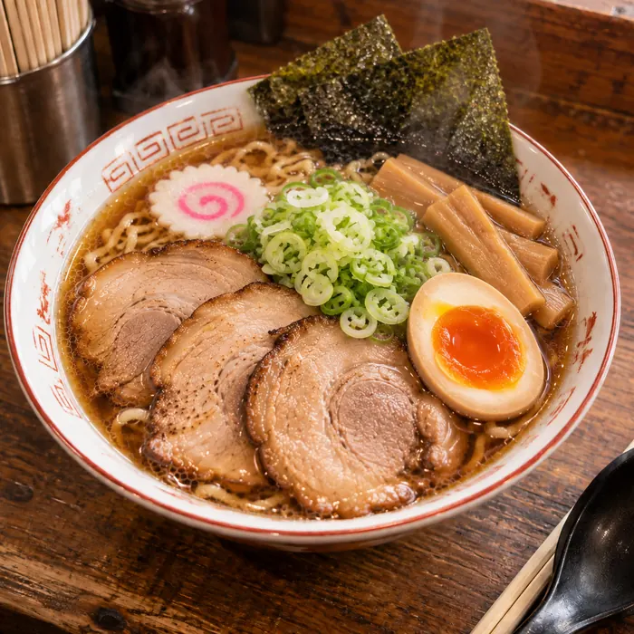 特製中華そば。チャーシュー、味玉、メンマ、海苔の全部乗せ
