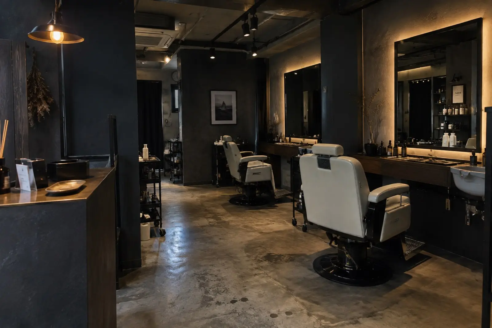 夜のSUMI BARBERの店内。間接照明に照らされた理容椅子と鏡